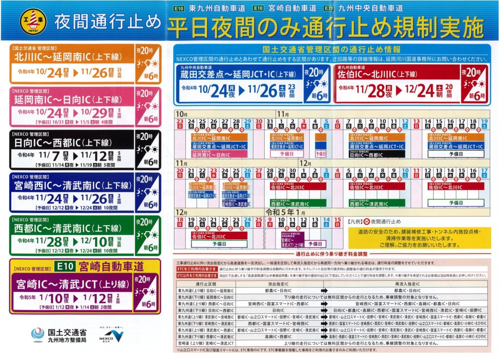 「東九州自動車道＆九州中央自動車道」（延岡市周辺規制のみ）平日夜間通行止め規制