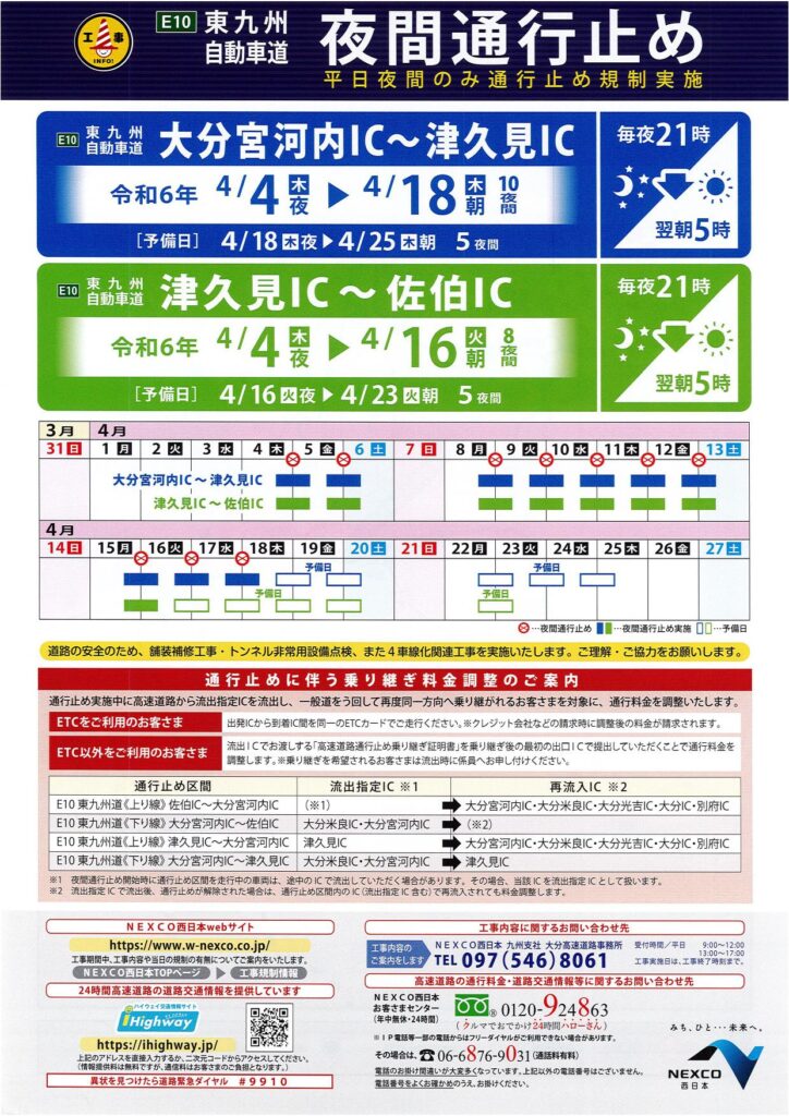 「令和６年４月～令和６年６月間」の東九州自動車道（Ｅ１０、Ｅ７８）、日出バイパス（Ｅ９７）夜間通行止め情報（無料区間（佐伯ＩＣ～延岡南ＩＣ間）を除く）