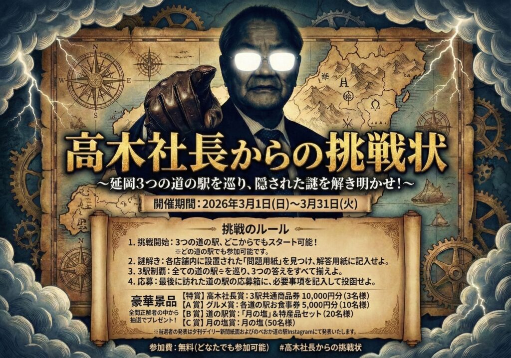 いよいよ明日（令和８年３月１日（日））から開始！！のべおか道の駅（道の駅北川はゆま、道の駅北浦、道の駅北方よっちみろ屋）「高木社長」からの挑戦状！！